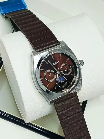 Casio brown dial men's wristwatch with moonphase subdial