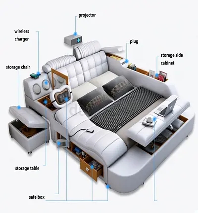 Modern  smart multifunctional storage bed with built-in chargers and cabinets massage and more