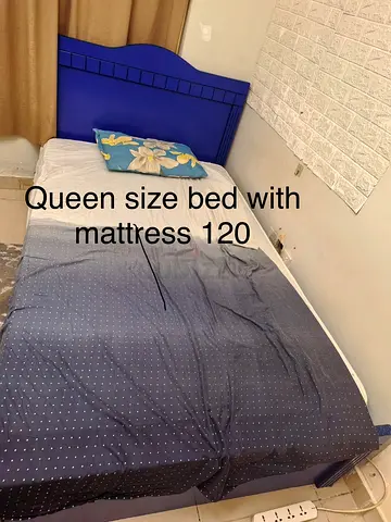 Queen size bed with mattress - blue wooden frame