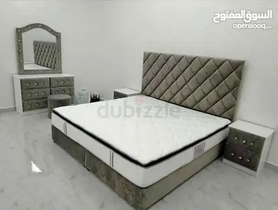 Queen size upholstered bed with mattress, bedside tables and dressing table - grey