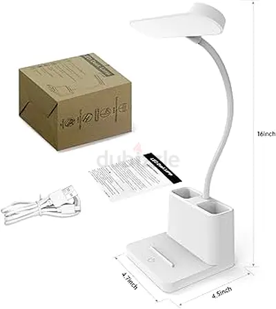 Adjustable LED Desk Lamp with Pen Holder and USB Charging - White
