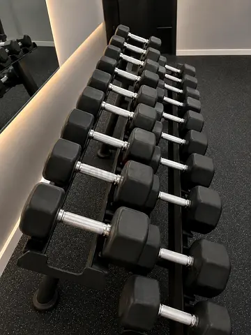 Set of Hex Rubber Dumbbells with Rack — Various Weights