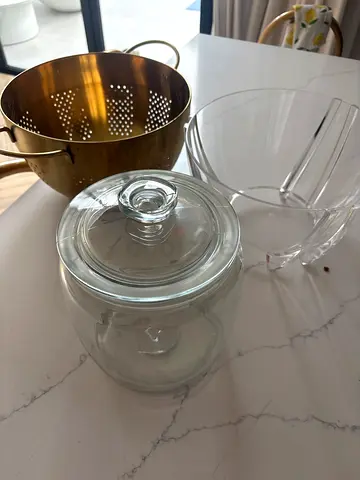 New Glass storage jar with lid, salad bowl plastic and  colander new