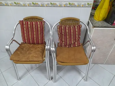 Pair of Wicker and Aluminum Armchairs with Cushions