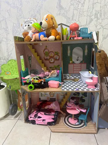 Wooden Dollhouse with Furniture, Car and Plush Toys - Good Condition