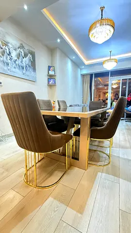 Modern Dining Set with Velvet Chairs and Gold Frames