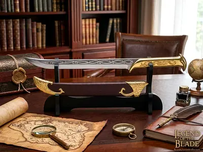 Ornamental Short Sword / Dagger Replica – Etched Metal Blade & Gold Filigree Accents