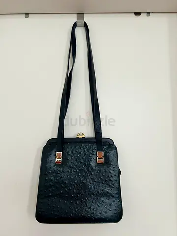 Black ostrich Leather shoulder bag with long straps