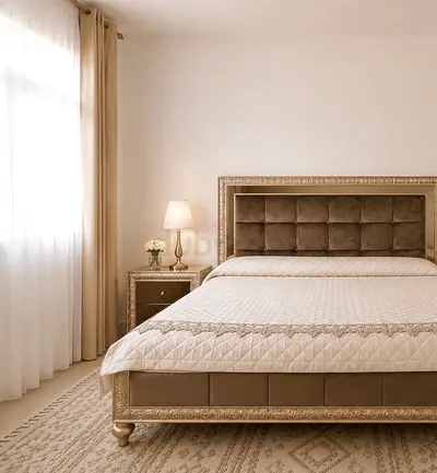 Queen upholstered bed frame with nightstand - beige classic design from home center