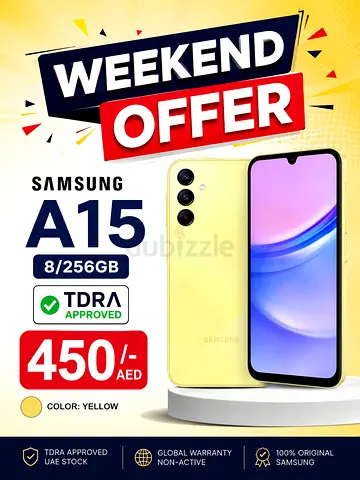 Samsung A15 - 8GB RAM, 256GB, Yellow (TDRA Approved)