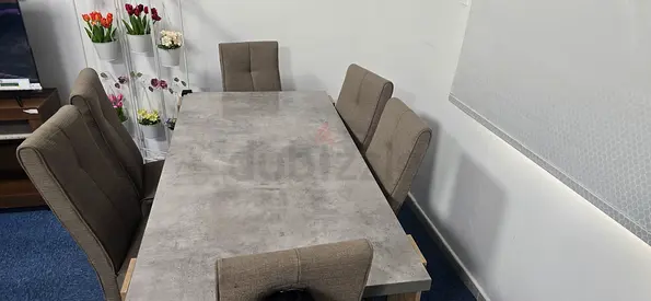 6-Seater Concrete-Style Dining Table with Upholstered Chairs