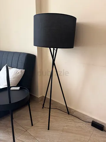 Black tripod floor lamp with matching side table - good condition