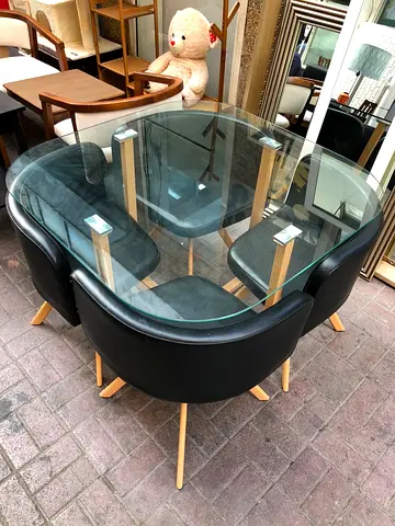 Modern Glass Top Dining Table with 4 Black Leather Chairs