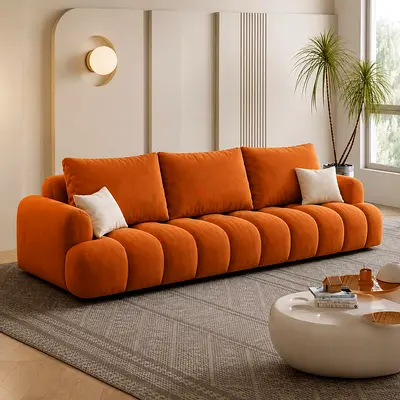 Modern Orange Velvet 3-Seater Sofa in Good Condition