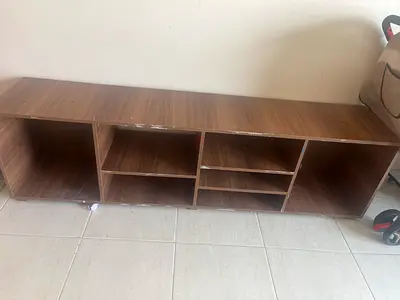Low wooden TV cabinet / storage unit - 6 open compartments