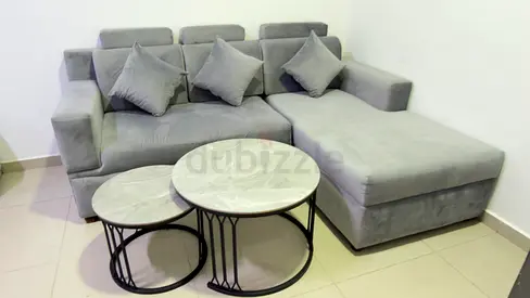 L-Shape 3 Seater sofa with 2 Round marble table