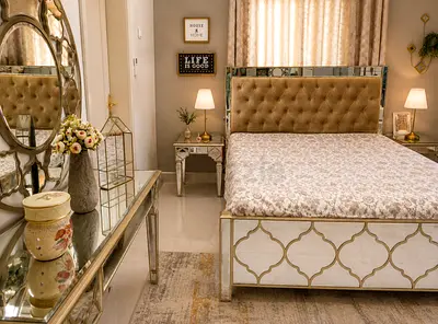 mirrored bed frame with upholstered headboard - excellent condition