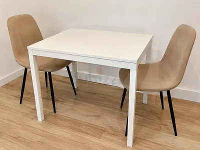 White Square Dining Table with Two Beige Chairs - Compact Set