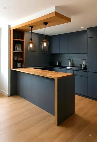 Modern matte charcoal kitchen cabinets with wooden breakfast bar