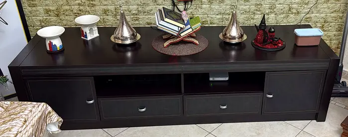 Dark wood TV console with drawers and open shelves - good condition MESSAGE NUMBER FOR PRICE