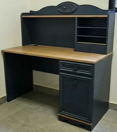 Dark wood study desk with hutch, drawers and shelves