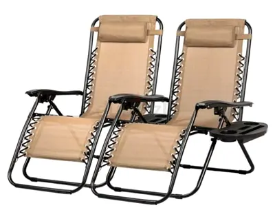 Set of 2 Zero Gravity Recliner Chairs with Arm Trays - Beige