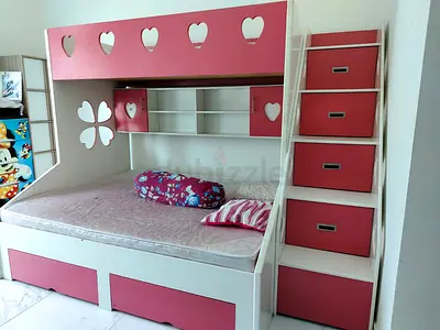 White & Pink QUEEN SIZE Bunk Bed with Storage Drawers and Side Steps