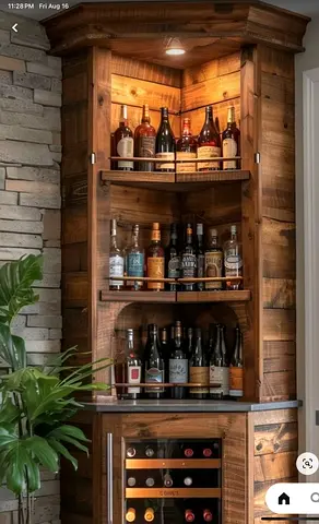 Solid Wood Corner Bar Cabinet with Built-in Wine Rack and Lighting