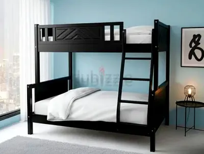 Solid Frame Black Bunk Bed with Ladder - Double on Bottom, Single on Top
