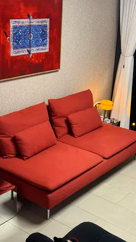 Ikea Modern Three-Seater Red Fabric Sofa with Cushions