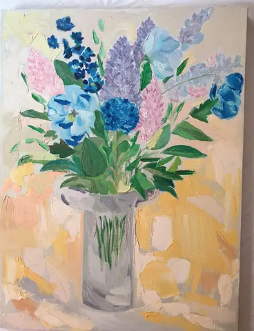 Original Floral Oil Painting — Vase of Blue and Pink Flowers, 65 x 45 cm