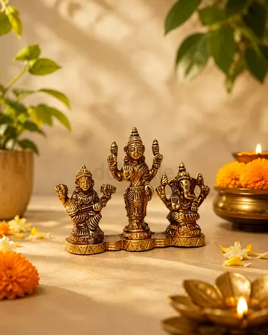Brass Lakshmi Saraswati Ganesha Idol Set Diwali Decor Vastu & Feng Shui Pooja Decor