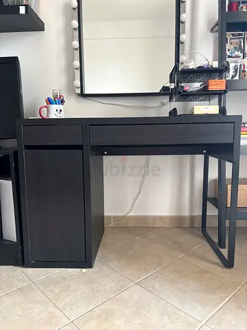 Compact black study desk with drawer and cabinet - good condition