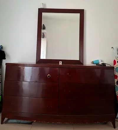 Wooden Dresser with Large Mirror - Dark Mahogany Finish