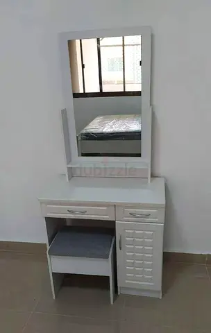 White dressing table with mirror, stool and storage cabinet - good condition