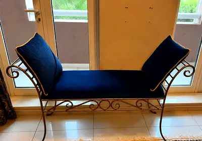 Elegant Antique Blue Velvet Accent Bench / Divan with iron Frame