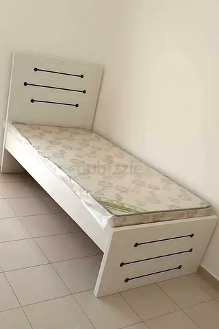 Single White Wooden Bed with Mattress - Good Condition