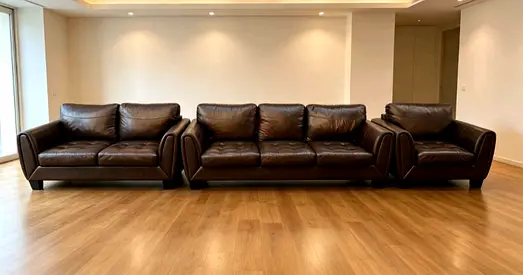 Three-piece dark brown leather sofa set (3-seater, 2-seater, armchair) - Good condition