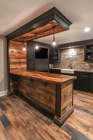 Solid Wood kitchan island with Overhead Canopy and Pendant Lighting