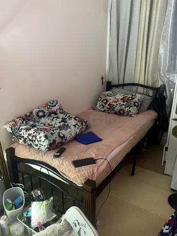 Single metal frame bed board wood with mattress - good condition