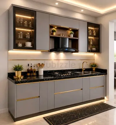 Modern Grey Kitchen Cabinet Set with Marble Countertop and LED Lighting