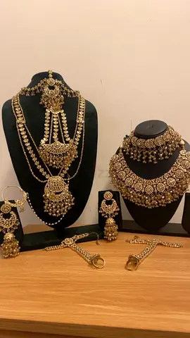 Traditional Indian bridal gold-tone jewelry set — necklaces, choker, earrings, maang tikka