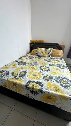 Queen bed with mattress and floral bedding - good condition
