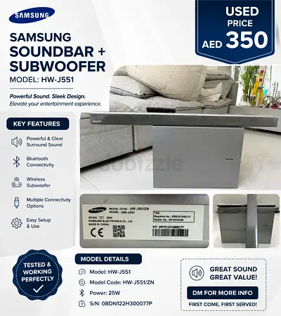 Samsung HW-J551 Soundbar + Wireless Subwoofer – AED 350