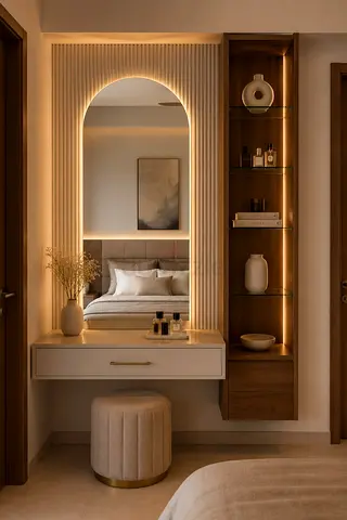 Wall-mounted vanity with mirror, drawer and illuminated shelving