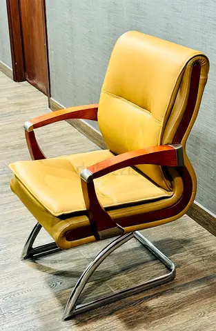 2 x Luxury Chair for sale Used Tan Leather Office Visitor Lu Chair with Wooden Arms and Chrome Frame