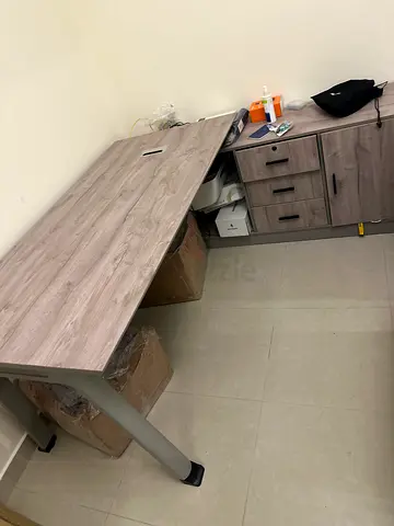 Light grey L Shape wooden office Table storage cabinet and side unit - good condition