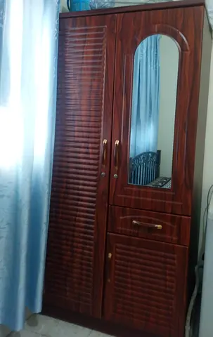 Wooden Wardrobe with Built-in Mirror and Drawer