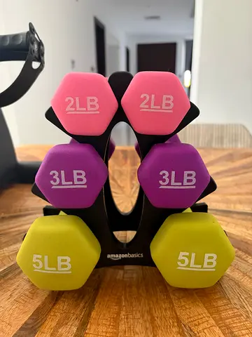 AmazonBasics Neoprene Dumbbell Set with Stand – 2lb, 3lb & 5lb Pairs