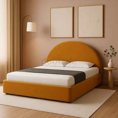 Modern mustard upholstered double bed with curved headboard
